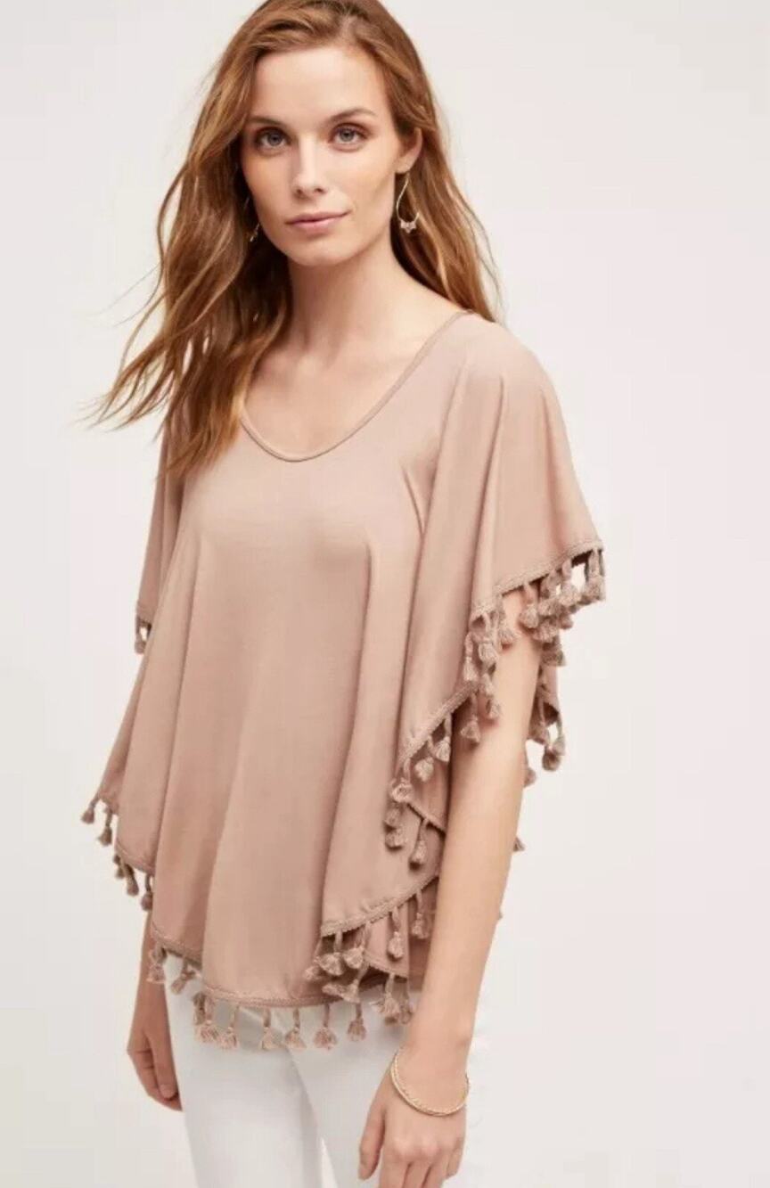 Anthropologie Top ERI + ALI M Top TASSELED DOLMAN Poncho Tank Stretch Fringe EUC